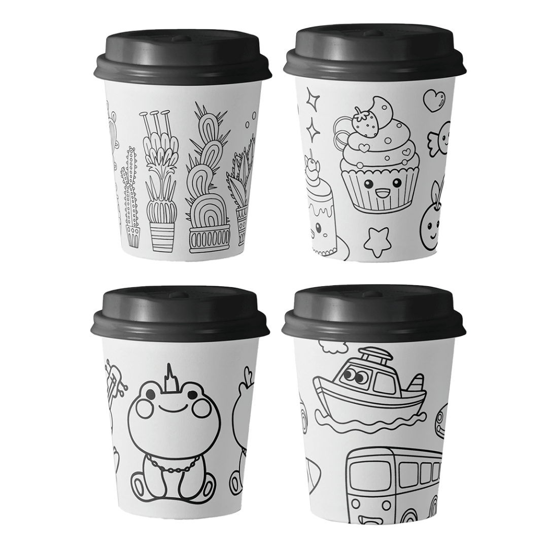 Paper Cups (8oz), A5 coloring sheets, and 12 coloring pen  - Kiddy Dreams Coloring Package