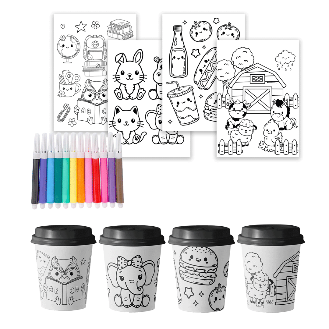 Paper Cups (8oz), A5 coloring sheets, and 12 coloring pen  - Learning Fun Coloring Package