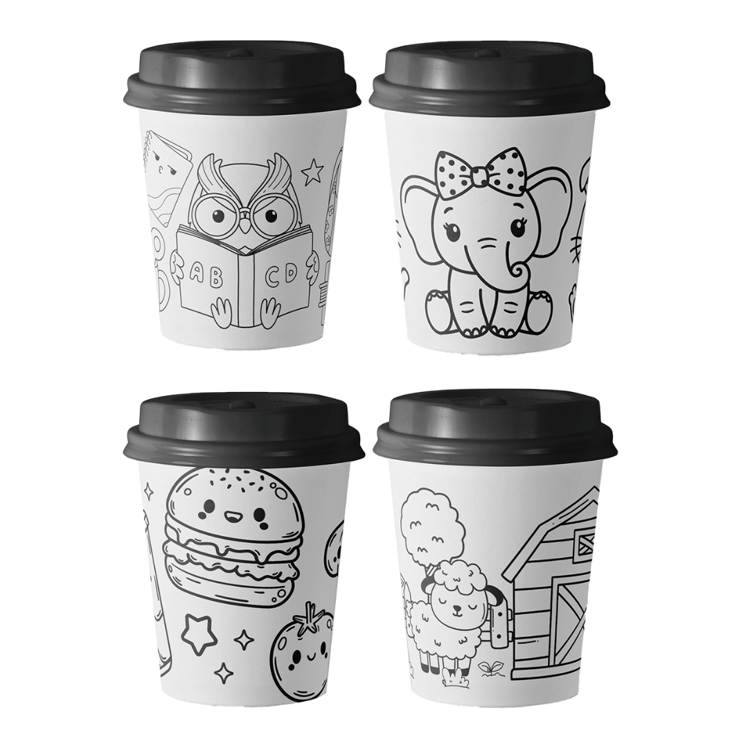 Paper Cups (8oz), A5 coloring sheets, and 12 coloring pen  - Learning Fun Coloring Package
