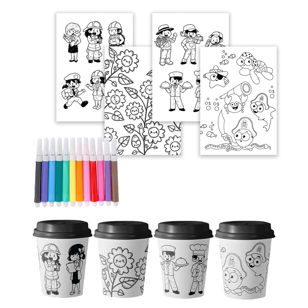 Paper Cups (8oz), A5 coloring sheets, and 12 coloring pen  - Little Heroes Coloring Package