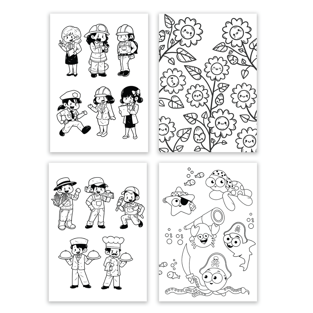 Paper Cups (8oz), A5 coloring sheets, and 12 coloring pen  - Little Heroes Coloring Package