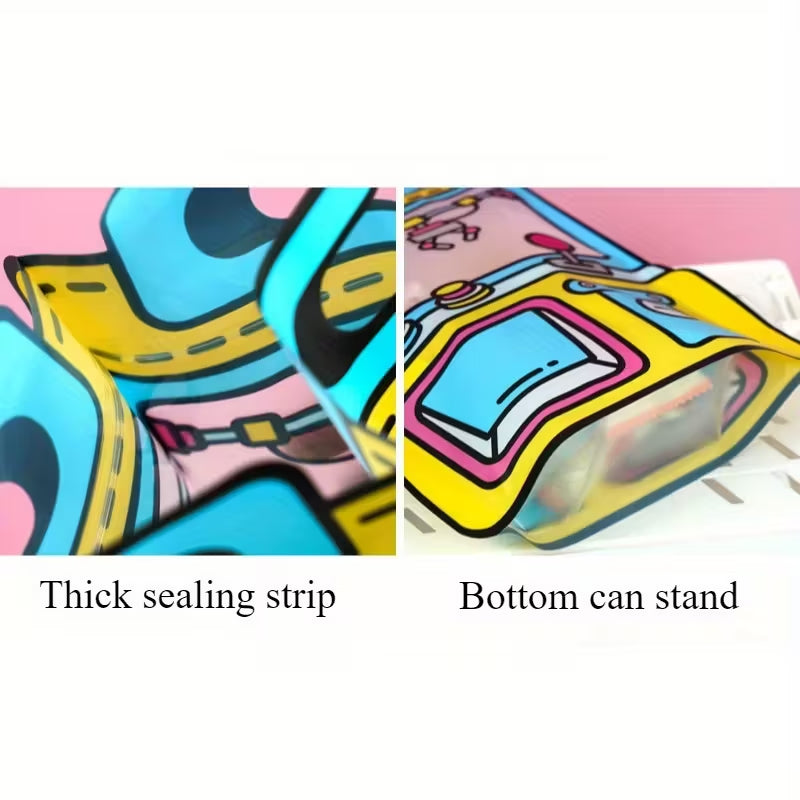 10 Pcs Cartoon UFO Catcher Goodie Bags, Clear Plastic Ziplock Seal Bags with Handle, Smell Proof, Reusable, Resealable