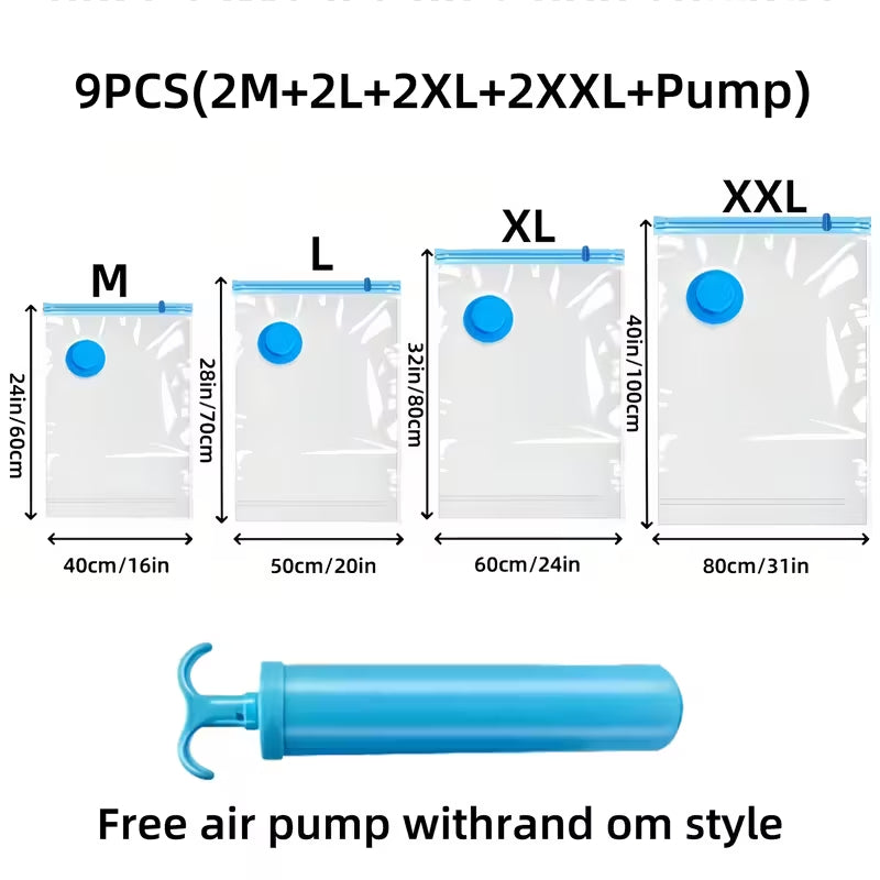 9 pcs Extra Large Vacuum Storage Bags Set, Space Saving, Reusable, Waterproof Anti-Moisture Compression Bags, Suitable for Clothes and Bedding, Travel Luggage, Blankets, Comforters, Ideal for Dorms, Closets, and Moving