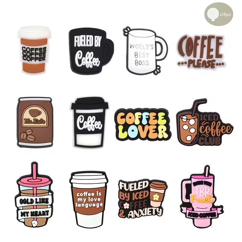 12pcs, plastic, coffee series junk phone case charms, coffee cup coffee phrase pattern no clasp flat back, soft plastic decoration phone