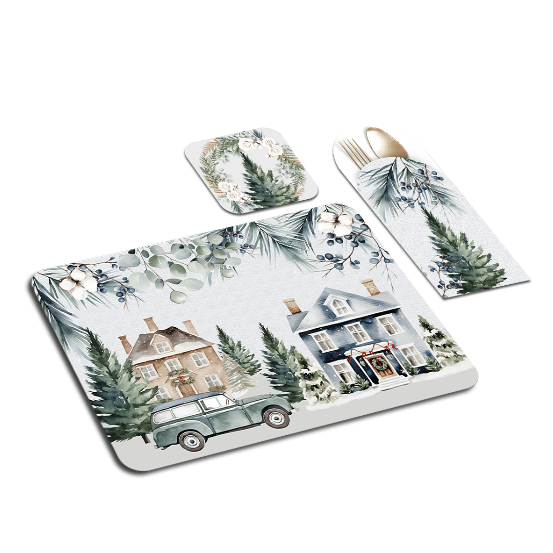 Placemat with Cutlery and Coasters (Plastic Washable) - Winter Whisper Collection