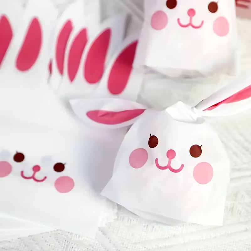 10 Pcs Easter Bunny Gift Bags with Cute Bunny Ears & Expressive Eyes - Pastel Pink &, 10cm x 17cm, Durable Plastic Party Favor Bags