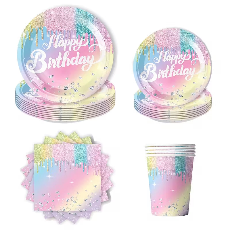 80pcs Rainbow Birthday Party Set - Gradient Diamond Glitter Tableware with Holographic Plates, Napkins & Cups - Perfect for All Seasons