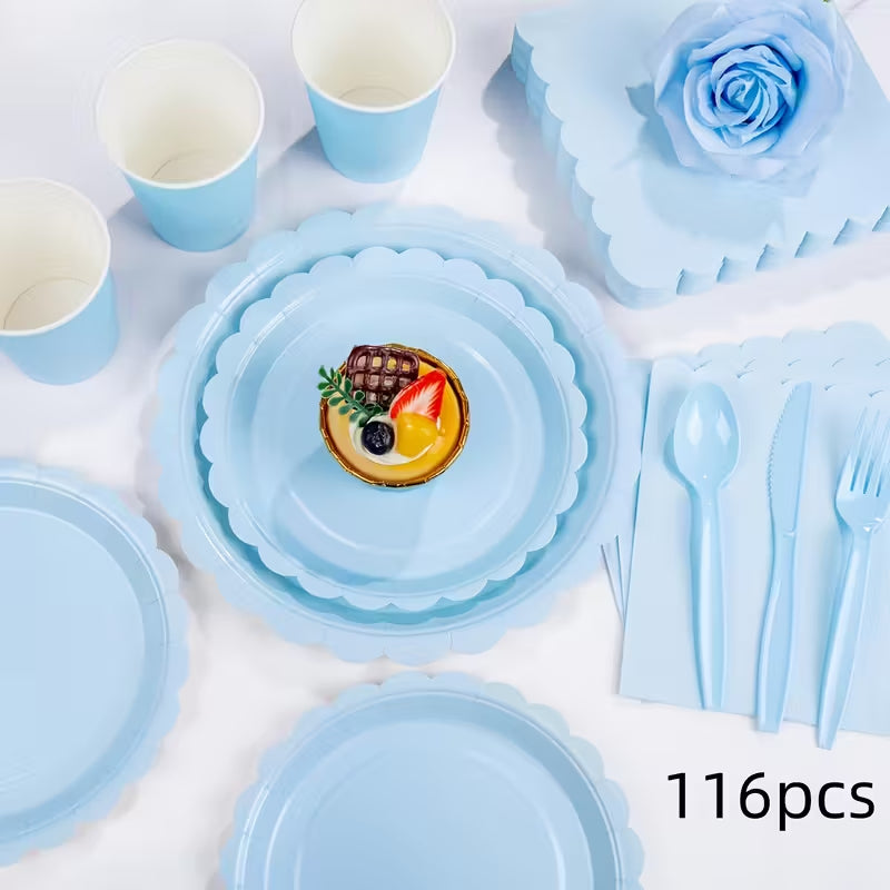 116pcs light blue party paper tray paper cup set, with 16 guests. Blue items include fan-shaped paper trays, napkins, paper cups, plastic tableware, suitable for weddings, birthdays, and banquets