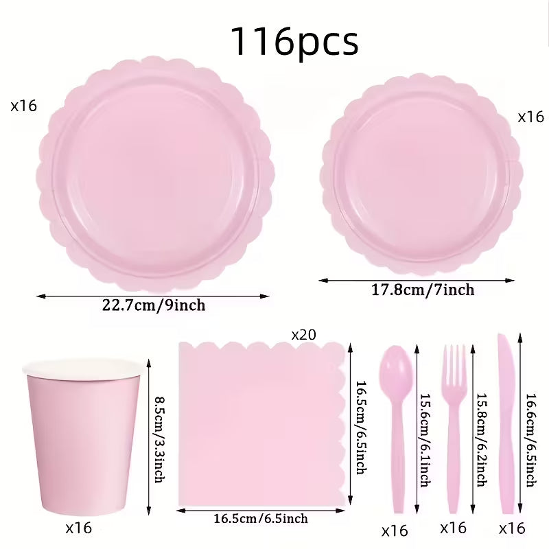 116pcs Elegant Light Pink Paper Plate & Napkin Set with Star & Ribbon Design - Includes Plastic Forks, Knives, Spoons, and Cups - Perfect for Birthdays, Weddings, Anniversaries, and Parties, Party Supplies | Elegant Tableware | Decorative Paper Plates