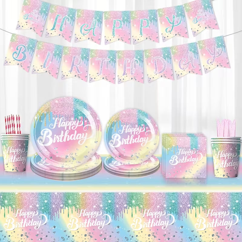80pcs Rainbow Birthday Party Set - Gradient Diamond Glitter Tableware with Holographic Plates, Napkins & Cups - Perfect for All Seasons