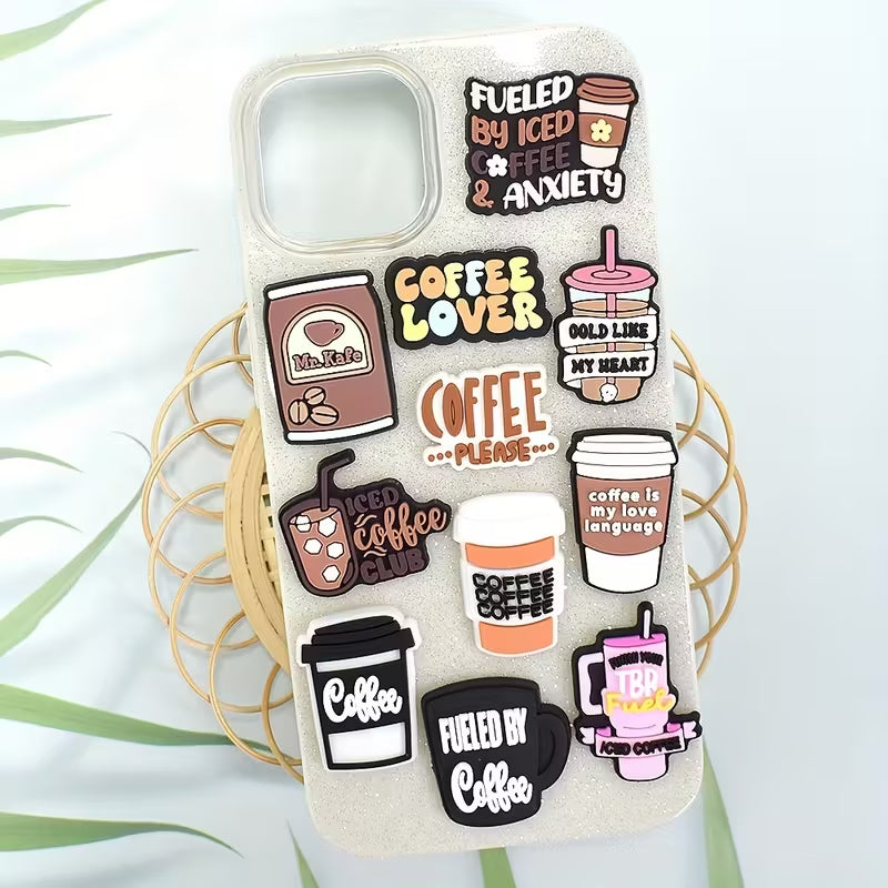 12pcs, plastic, coffee series junk phone case charms, coffee cup coffee phrase pattern no clasp flat back, soft plastic decoration phone