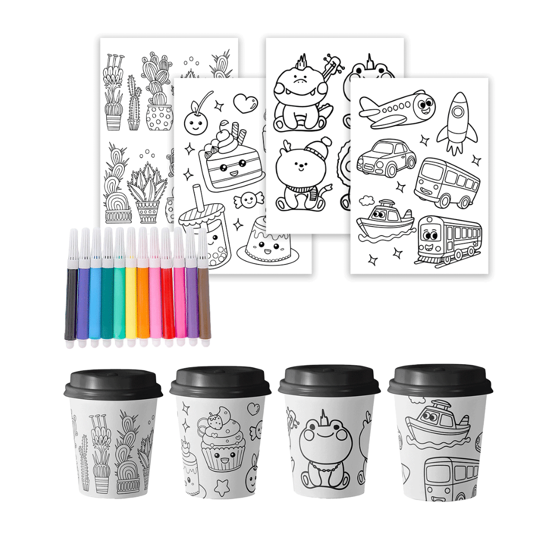 Paper Cups (8oz), A5 coloring sheets, and 12 coloring pen  - Kiddy Dreams Coloring Package