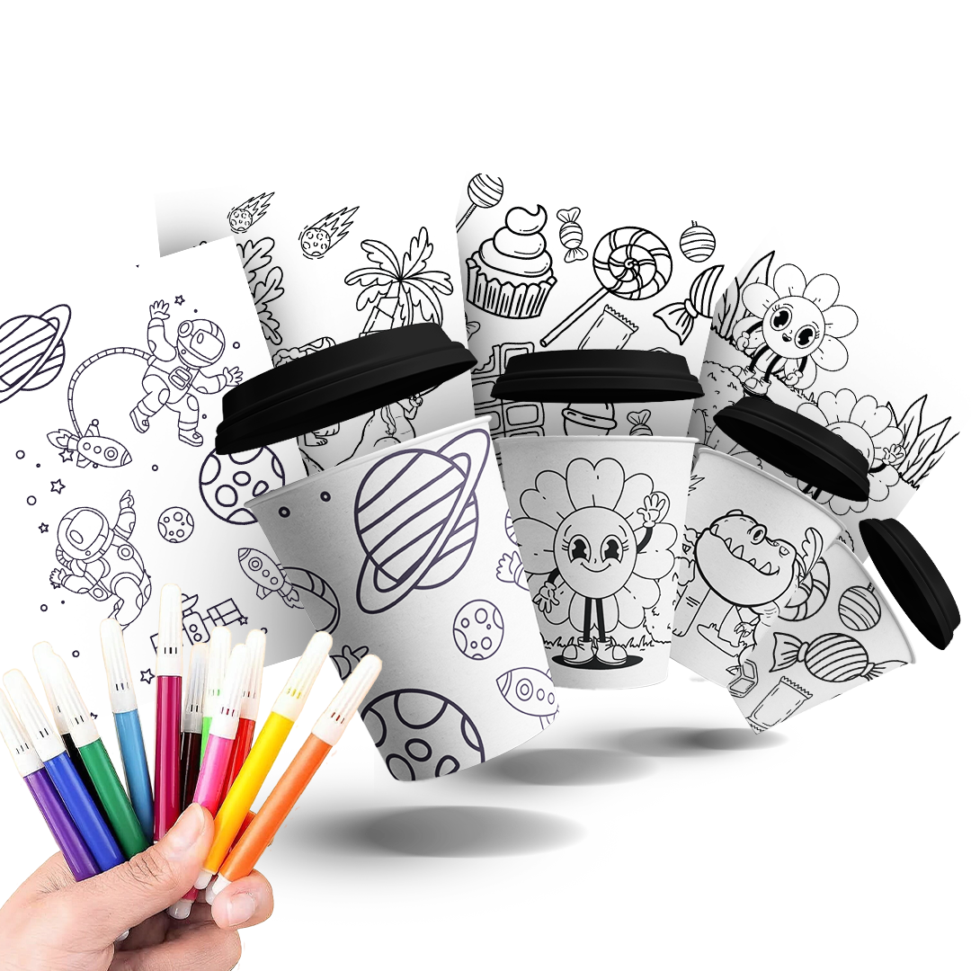Paper Cups (8oz), A5 coloring sheets, and 12 coloring pen  - Coloring A5 sheets and Paper Cups Package