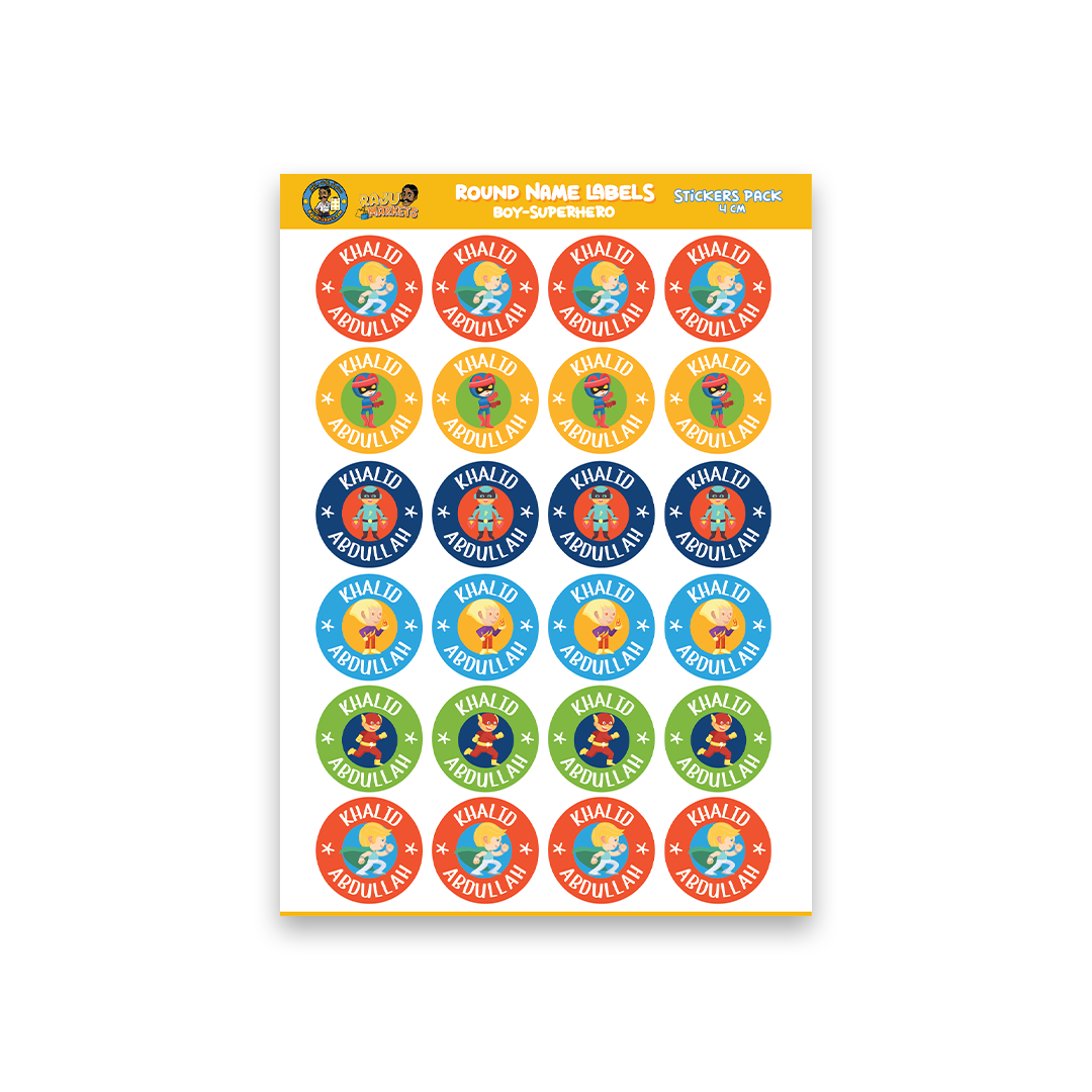 Round Size Boy Name Labels (24 Pcs/Pkg) – Superhero