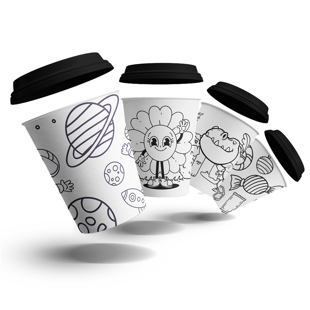 Paper Cups (8oz), A5 coloring sheets, and 12 coloring pen  - Coloring A5 sheets and Paper Cups Package