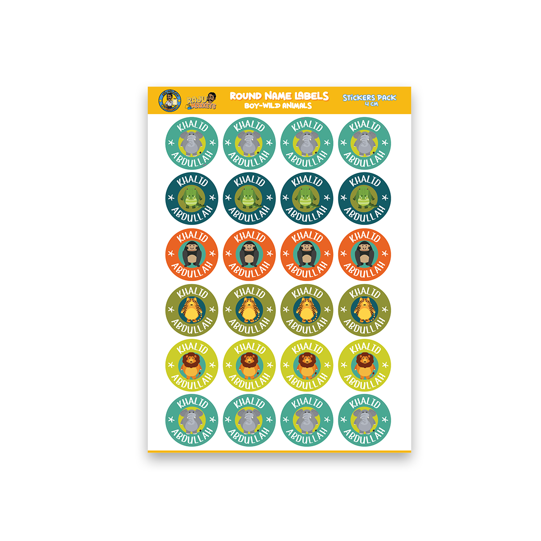 Round Size Boy Name Labels (24 Pcs/Pkg) – Wild Animal