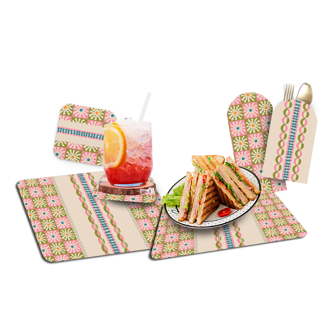 Placemat with Cutlery and Coasters (Plastic Washable) - Groovy Summer 1979 Collection (36 Pcs/Pkg))