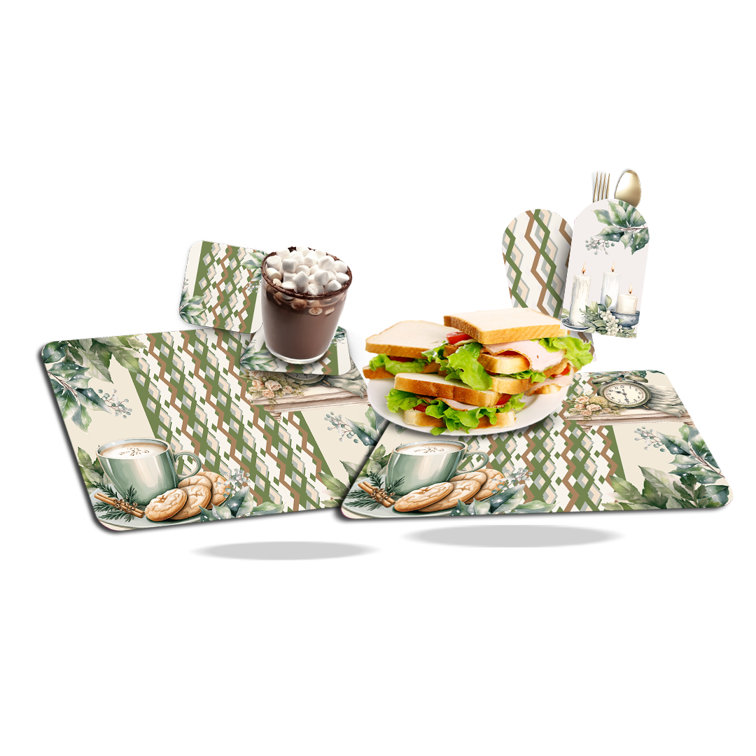 Placemat with Cutlery and Coasters (Plastic Washable) - Winter Green Collection, Winter Series