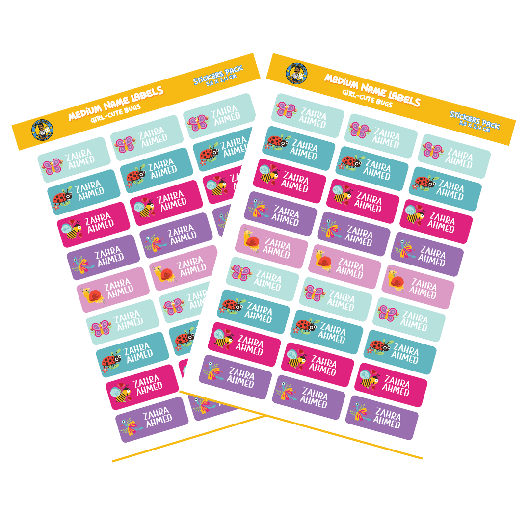 Medium Size Girl Name Labels (27 Pcs/Pkg) - Cute Bugs Theme