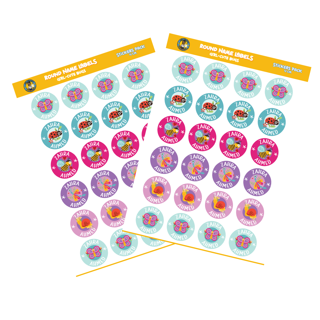 Round Size Girl Name Labels (24 Pcs/Pkg) - Cute Bugs Theme