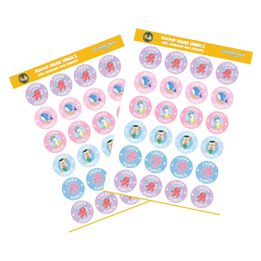 Round Size Girl Name Labels (24 Pcs/Pkg) - Mermaid Theme