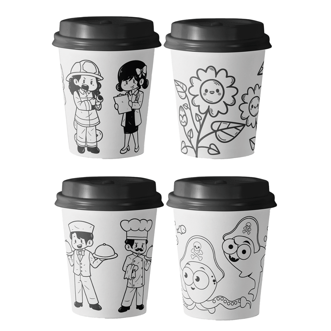 Paper Cups (8oz), A5 coloring sheets, and 12 coloring pen  - Little Heroes Coloring Package