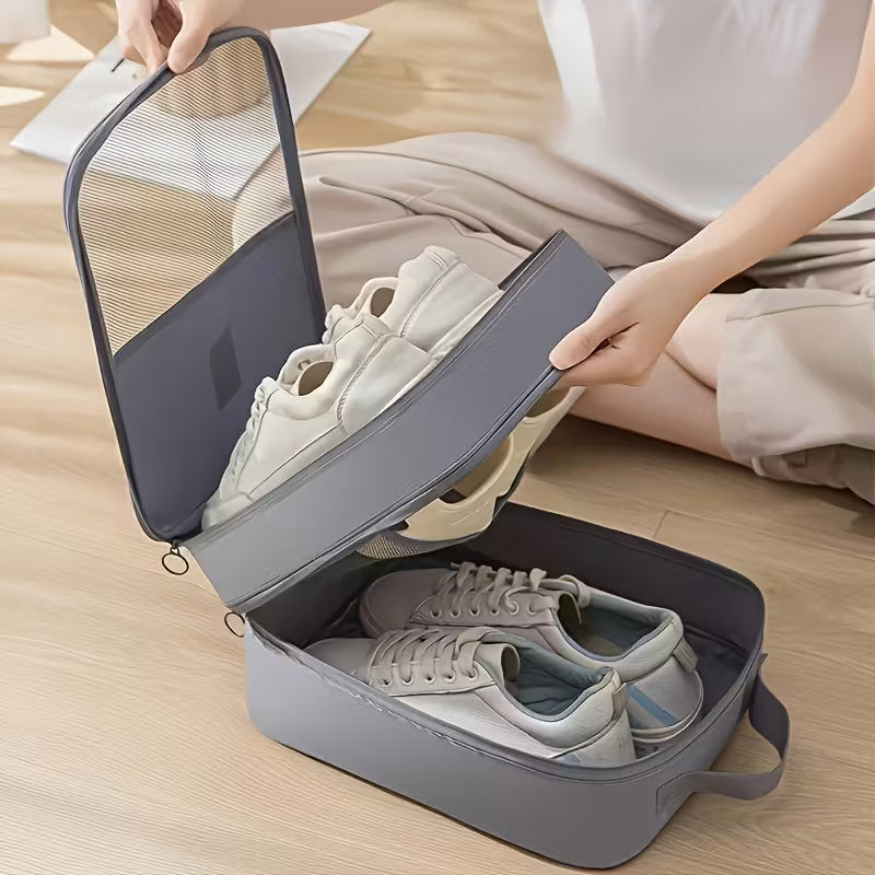 2-in-1 Travel Shoe Storage Bag - Large Capacity Hanging Organizer with Mesh Side Pockets, Space-Saving Design, Machine-Washable Polyester, Available in Multiple Colors, Shoe Storage Bo