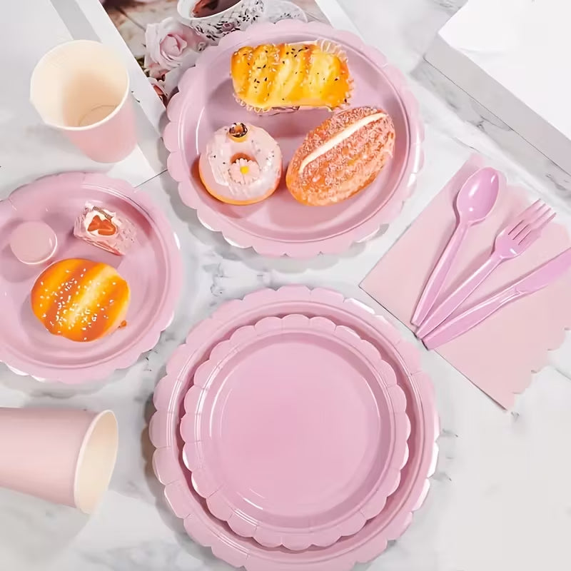 116pcs Elegant Light Pink Paper Plate & Napkin Set with Star & Ribbon Design - Includes Plastic Forks, Knives, Spoons, and Cups - Perfect for Birthdays, Weddings, Anniversaries, and Parties, Party Supplies | Elegant Tableware | Decorative Paper Plates